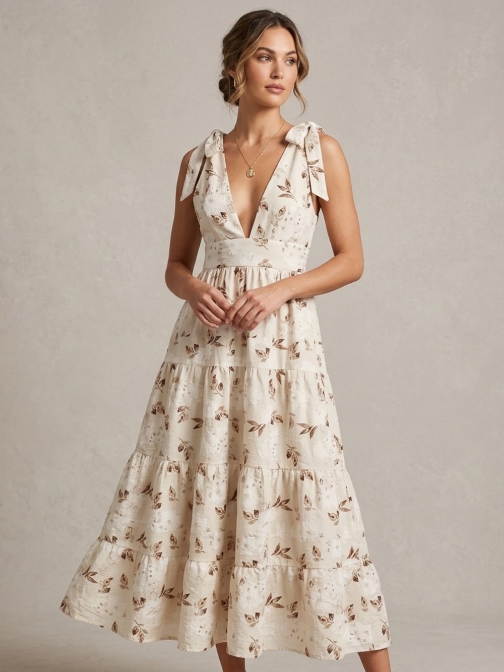 House of Harlow 1960 Ivory Floral Maxi Dress with Tie Shoulders Soft Linen blend